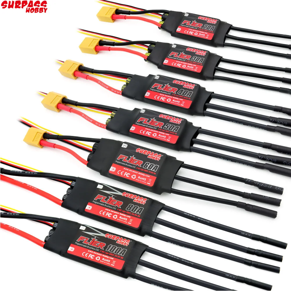 

SURPASS HOBBY Flier 20A 30A 40A 50A 60A 80A 100A Brushless ESC Speed Controller with BEC 2-6S for RC Airplanes Helicopter