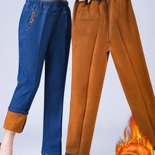 Winter Plush Velvet Lined Jeans Straight Denim Pants Mom High Waist Embroided Baggy Vaqueros Vintage Thicken Warm Kot Pantolon