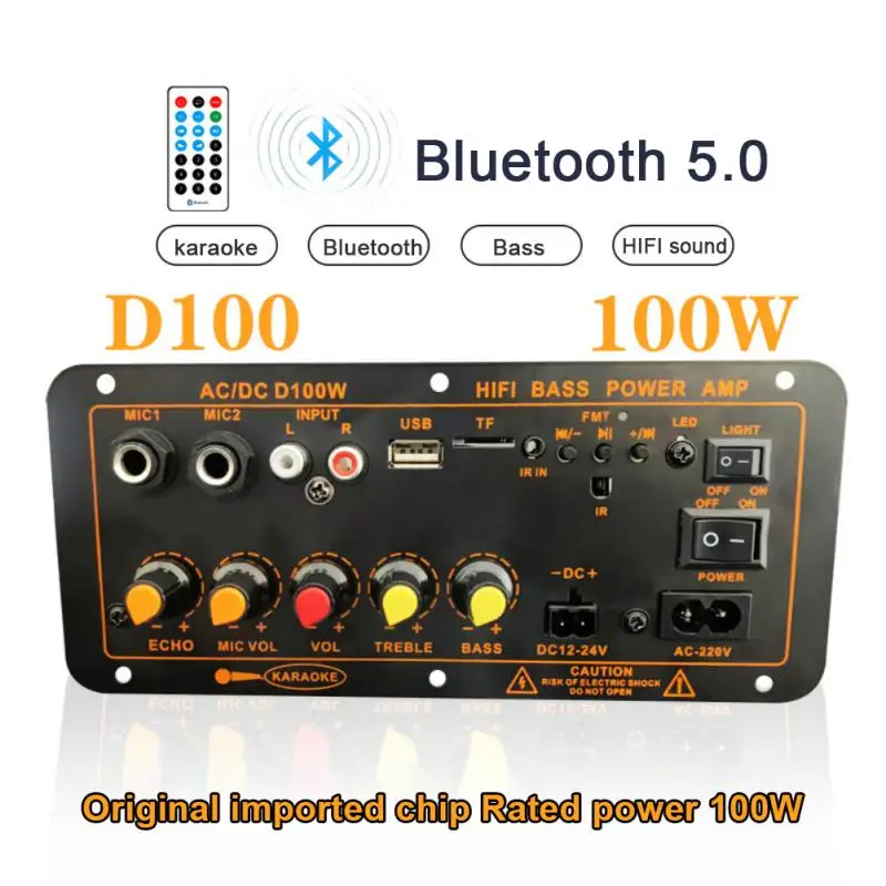 

D20 D100 220V 12V 24V Digital 5.0 Amplifier Board Subwoofer Dual Microphone Amplifiers for 8-12 Inch Speaker 100W