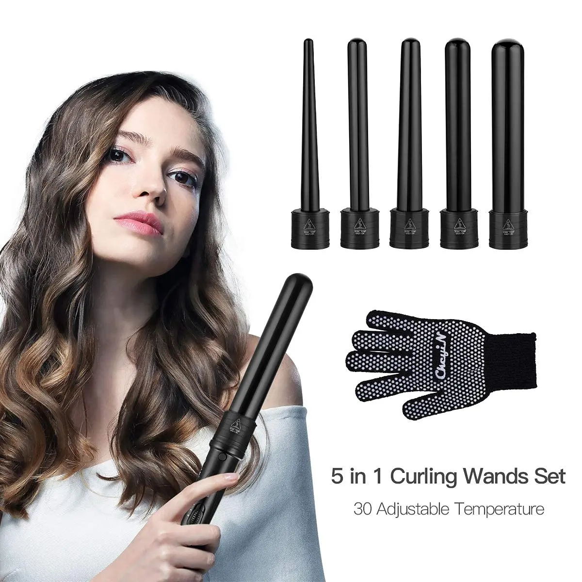 

5 in 1 Curling Iron Wand Set with Ceramic Barrels and Temperature Control Dual Voltage Hair Curler for for All Hairstyle