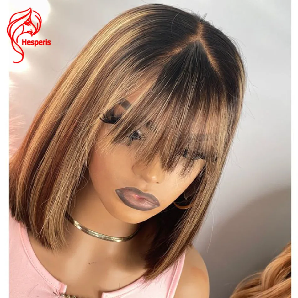 

Hesperis Blonde Highlight Lace Front Human Hair Wigs With Bang Remy Brazilian Short Bob Lace Wigs Pre Plucked For Black Women