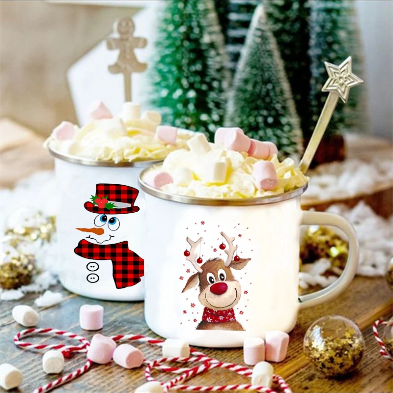 

Deer Printed Christmas Party Hot Cocoa Cake Mug Creative Coffee Wine Beer Cups Milk Cup Enamel Mugs Handle Drinkware Xmas Gifts