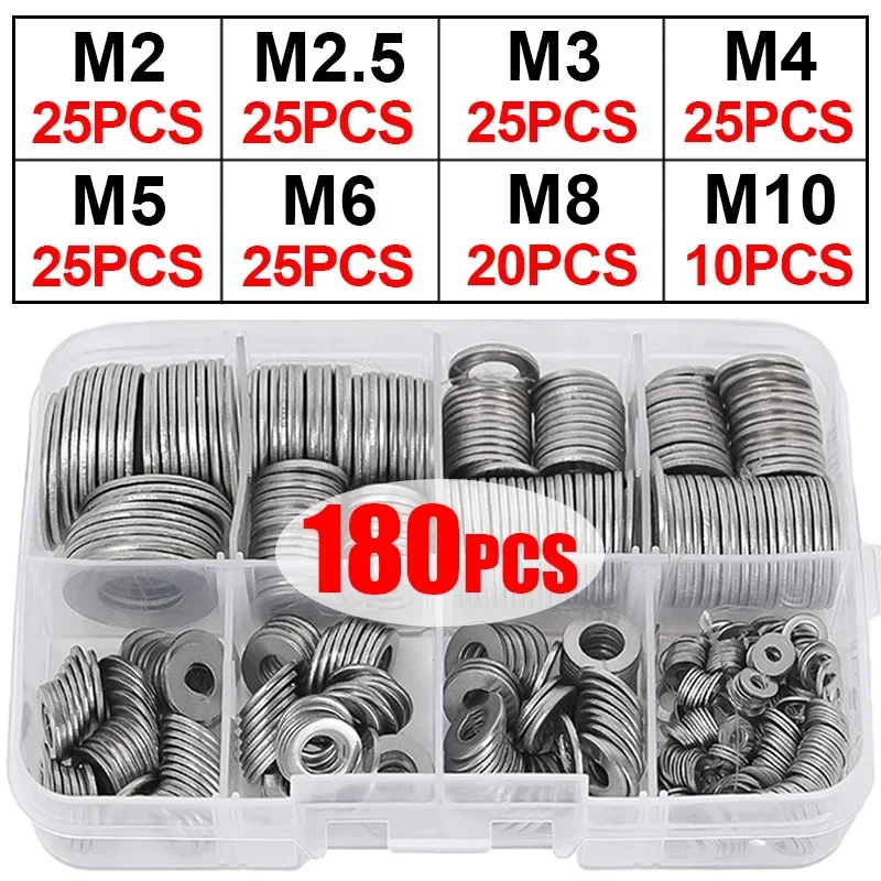 

180pcs Stainless Steel Sealing Solid Gasket Washer M2 M2.5 M3 M4 M5 M6 M8 M10 Flat Washers Rings Plain Gaskets Assortment Kits