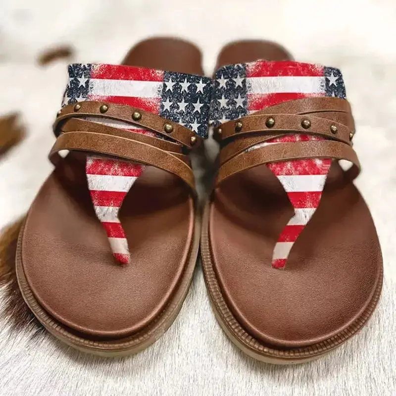 

Women Shoes Beach Daily Round Toe Flat Sandals Going Out Vacation Studded Flag Pattern Toe Post Sandals