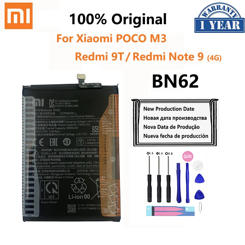 

Оригинальный 100% Новый Сменный аккумулятор BN62 6000 мАч для Xiaomi Pocophone POCO M3 Redmi Note 9 4G 9T, батареи для телефона, батарея