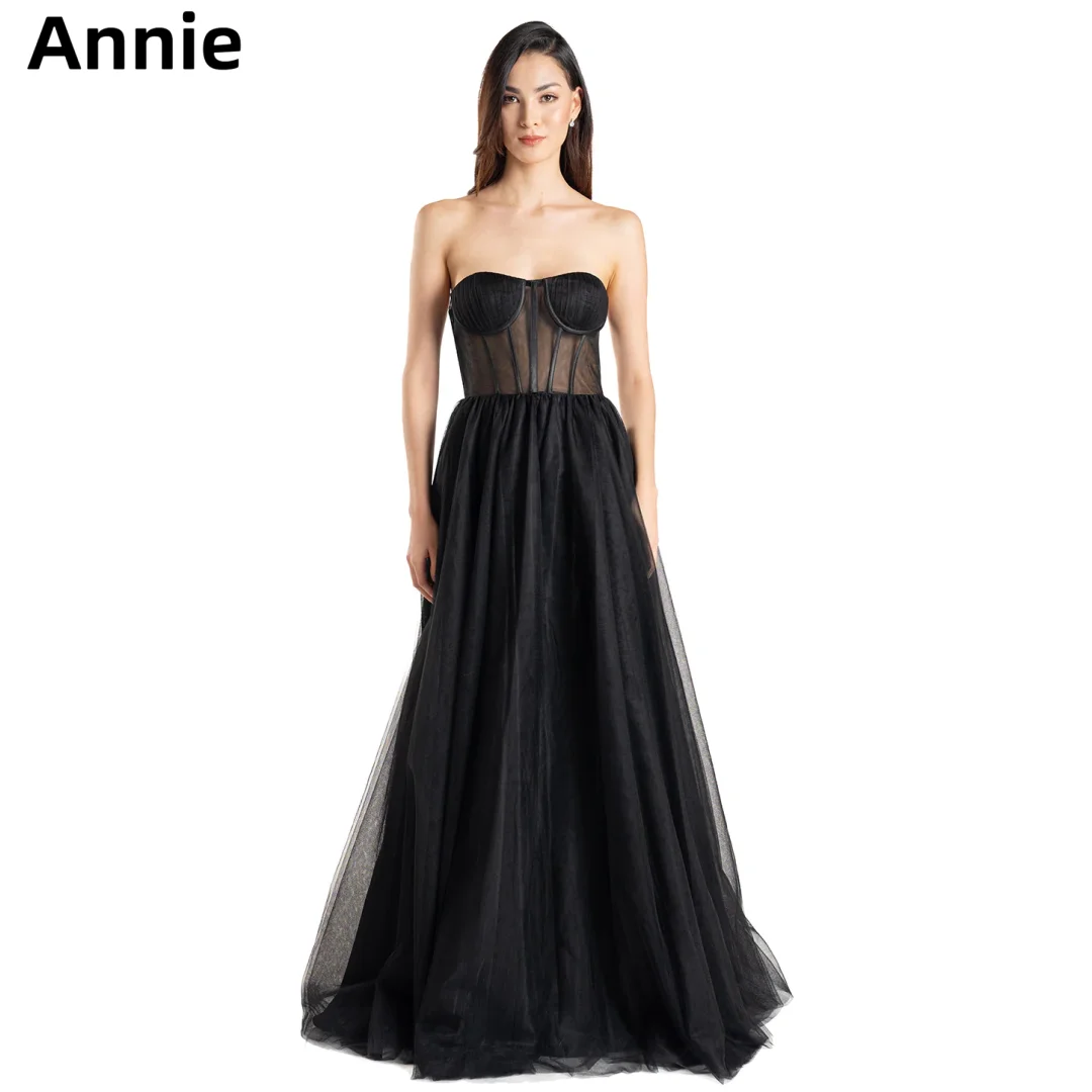 

Annie Black Gauze Prom Dress Sexy Strapless Elegant Lady Evening Dresses A-line Corset Wedding Party Dresses 2024Wedding Dress