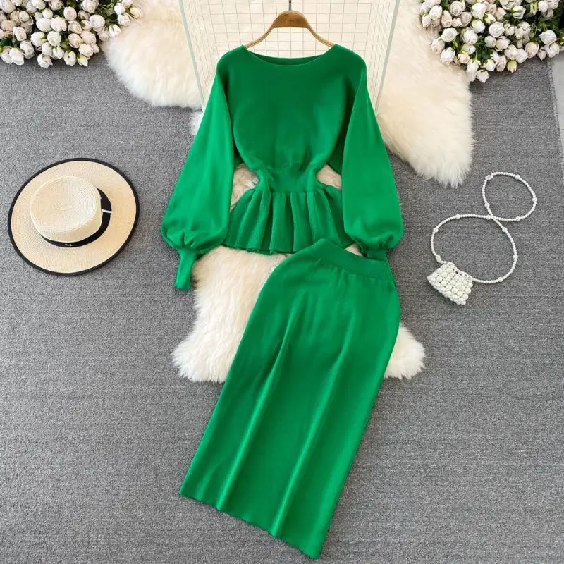Fall Winter Women's Knitted Skirt Two Piece Set Elegant Solid O Neck Slim Waist Pullover Sweaters & Elastic Waist Mid-calf Skirt
Fall Winter Women's Knitted Skirt Two Piece Set Elegant Solid O Neck Slim Waist Pullover Sweaters & Elastic Waist Mid-calf Skirt