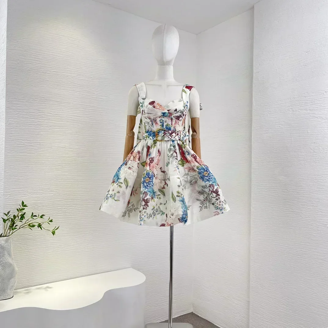 

Женское винтажное мини-платье, белое шелковое льняное платье без рукавов с цветочным принтом на шнуровке, 2023