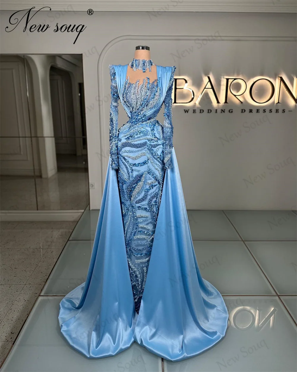 

Blue Beading Mermaid Evening Dresses Elegant Crystals Long Sleeves Prom Dress Arabic Dubai Women Wedding Party Gowns Robes 2024