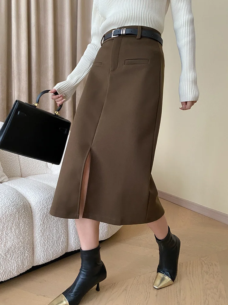 

Black Skirt High Waist Slit Belted Elegant Woolen A Line Half Body Skirt Women Fashion Tide New Spring Autumn Clothing 2024 1DH1
