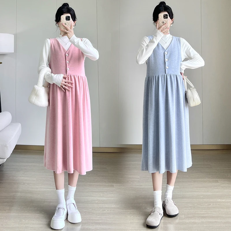 

Plus Size Maternity Clothes Set Autumn Korean Style Long Sleeve Shirts+loose V-neck Sundress Twinset Pregnant Woman Dress Suits
