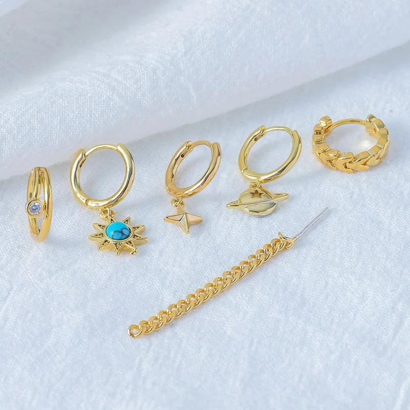 

Starmoon Silver Color Copper Zircon Moon Star Pearl Water-drop Tassel 6-piece Earring Set Shiny Luxury Huggie Party Jewelry