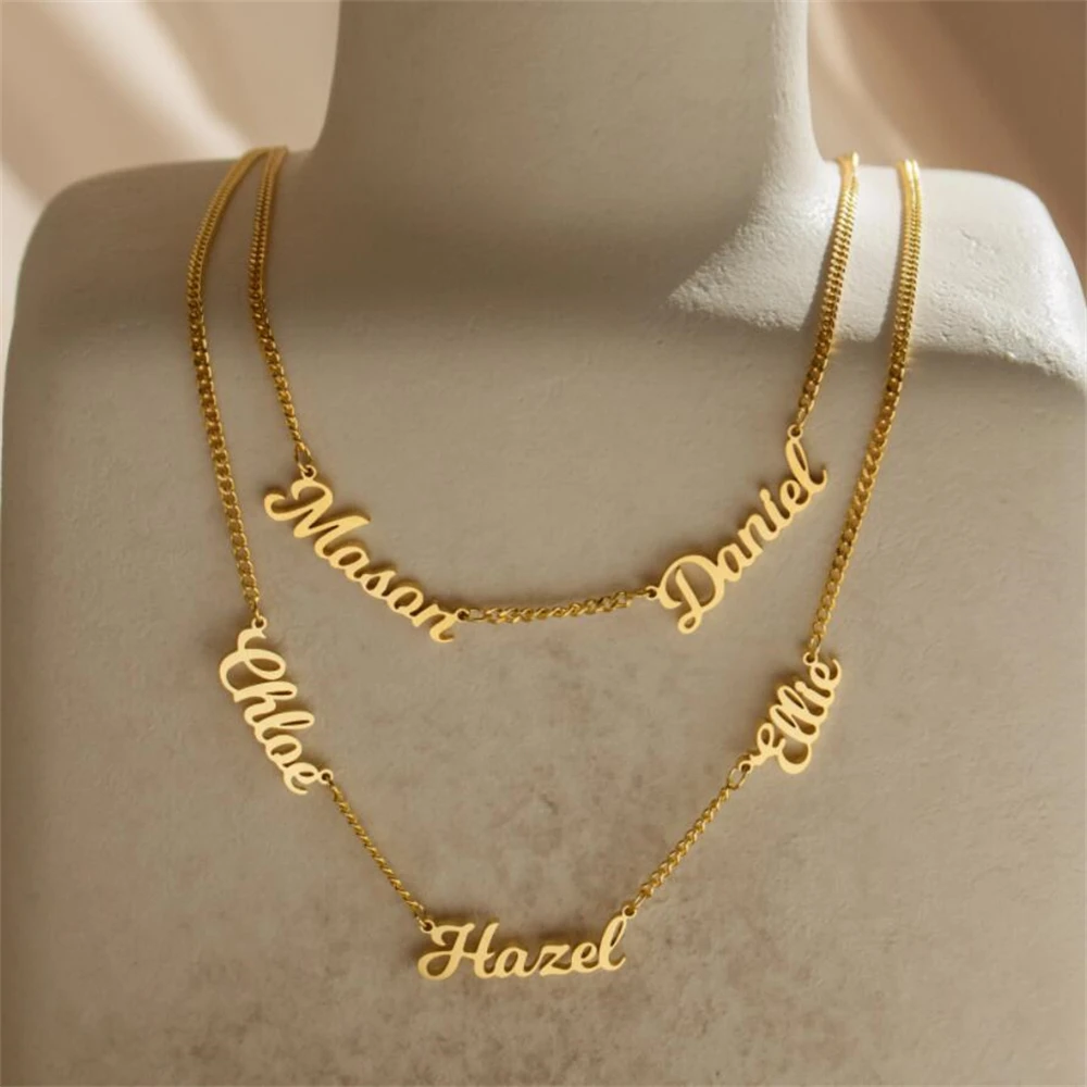 

Personalized Gift For Mom Custom Kids Names Necklaces Multiple Name Choker Stainless Steel Curb Chain Family Jewelry Christmas