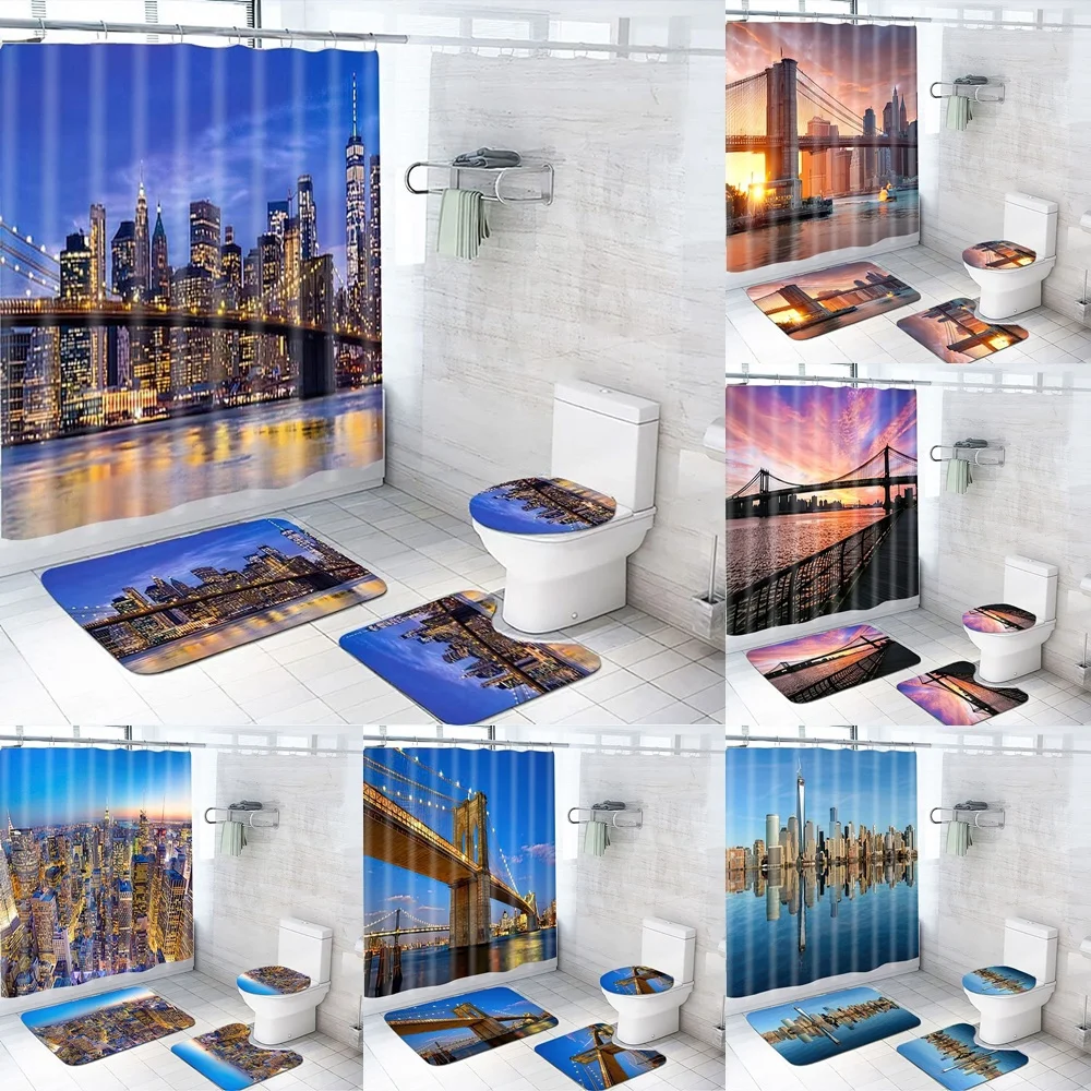 

Highway Bridge River Shower Curtain Sets Sunset Modern Rug Bathroom Mats Toilet Cover New York City Town Landscape Bath Curtains