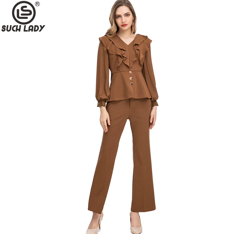 

Women's Runway Two Piece Pants Long Sleeves V Neck Ruffles Peplum Blouses with Pant Fashion Twinset Sets