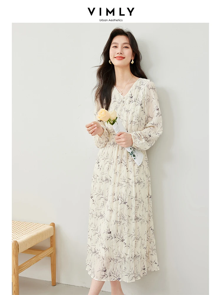

Vimly Elegant A-line Fold Floral Printed Chiffon Dress 2024 Spring V-neck Puff Sleeve Elastic Waist Gentle Midi Dresses M6189