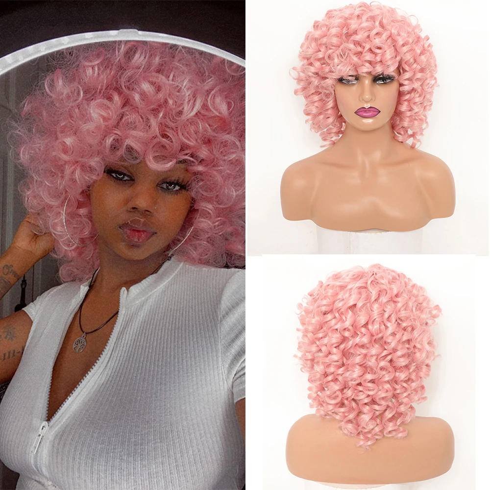 

Short Loose Curly Wigs for Women Ginger Afro Kinky Curly Bob Wig with Bang Natural Synthetic Cosplay Hair Wig Red Brown Pink