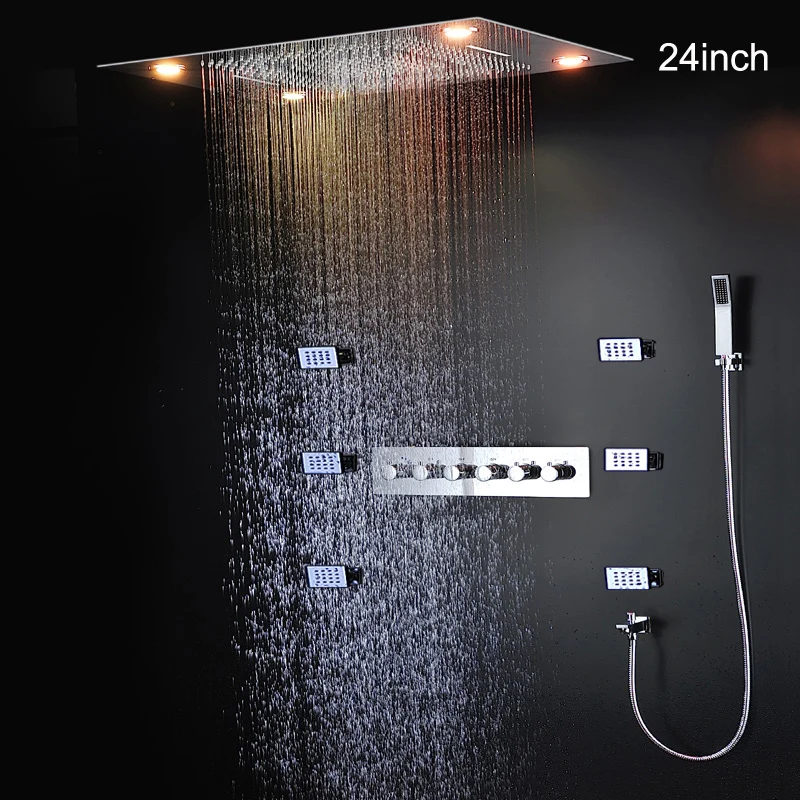 

hm High Quality Thermostatic Shower Set 24inch Ceiling Rainfall Waterfall LED ShowerHeads Panel With Massage Body Jet System