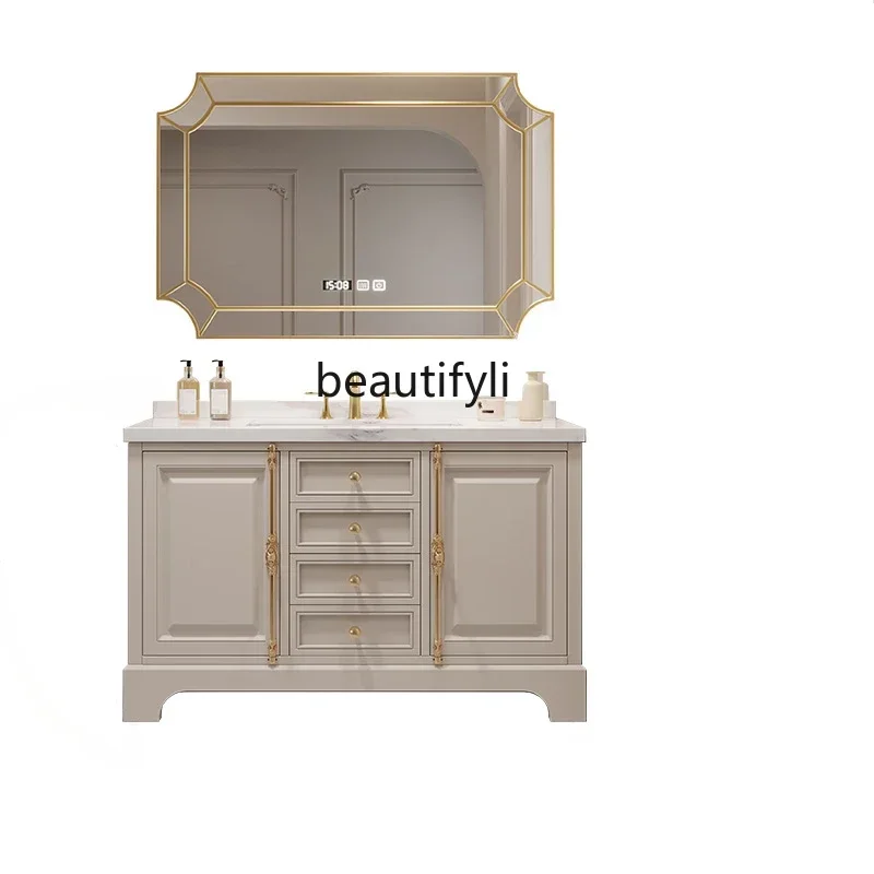 

Cream Oak Bathroom Cabinet Combination Light Luxury Smart Bathroom Stone Plate Washstand Wash Basin Pool