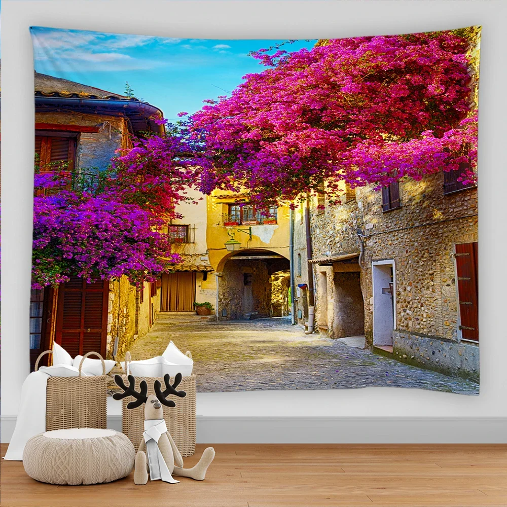 

European Town Streets Scenery Wall Hanging Landscape Tapestry Sea Beach Wall Cloth Beach Mat Flower Blanket Home Decoration