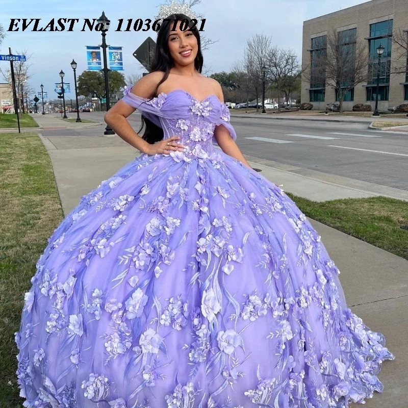 

EVLAST Purple Quinceanera Dress Ball Gown 3D Floral Lace Applique Beading Mexico Corset Sweet 16 Vestidos De XV 15 Anos SQ139