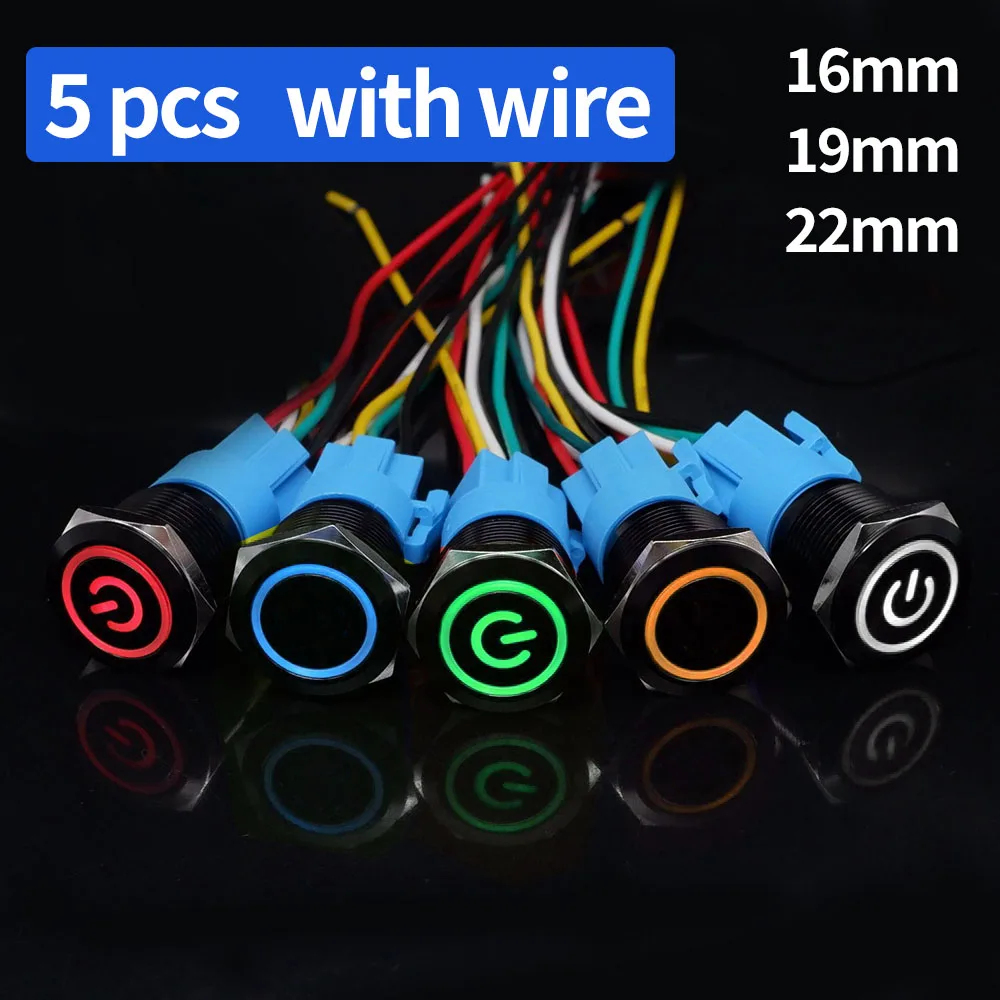 

5 pcs Black Push Button Switch with Wire Waterproof Illuminated Metal Latching Momentary 5V 12V 220V Led Light 16/19/22mm Red