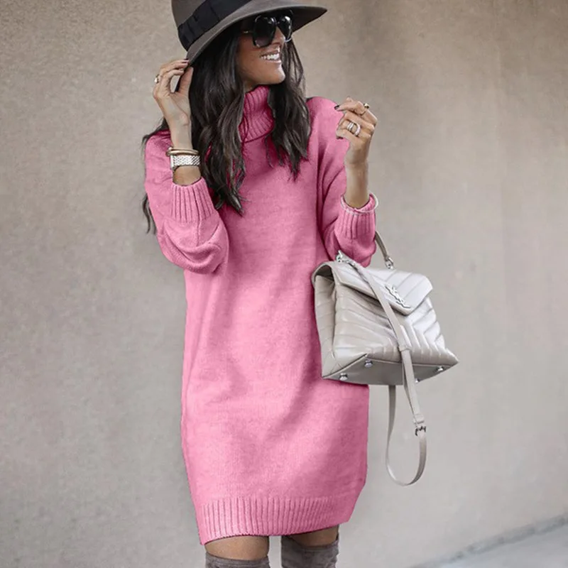 

High quality Women's Monochromatic Sweater Dress High Collar Sundress Casual Knitted Tunic Dresses Cold Weather Clothes Winter