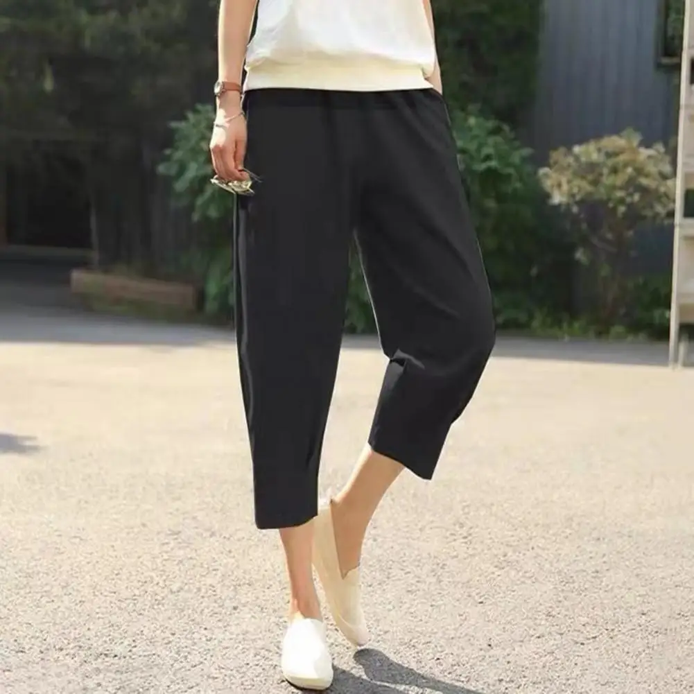 

Mid-rise Elastic Waistband Cropped Pants Pockets Thin Breathable Women Solid Color Harem Cropped Pants Daily Garment