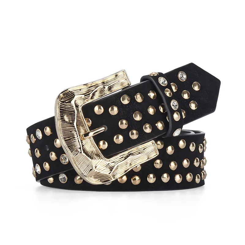 

women luxury fashion rivets belt goth punk dress men's brand designer studded belts cow suede leather pin buckle waistband sash