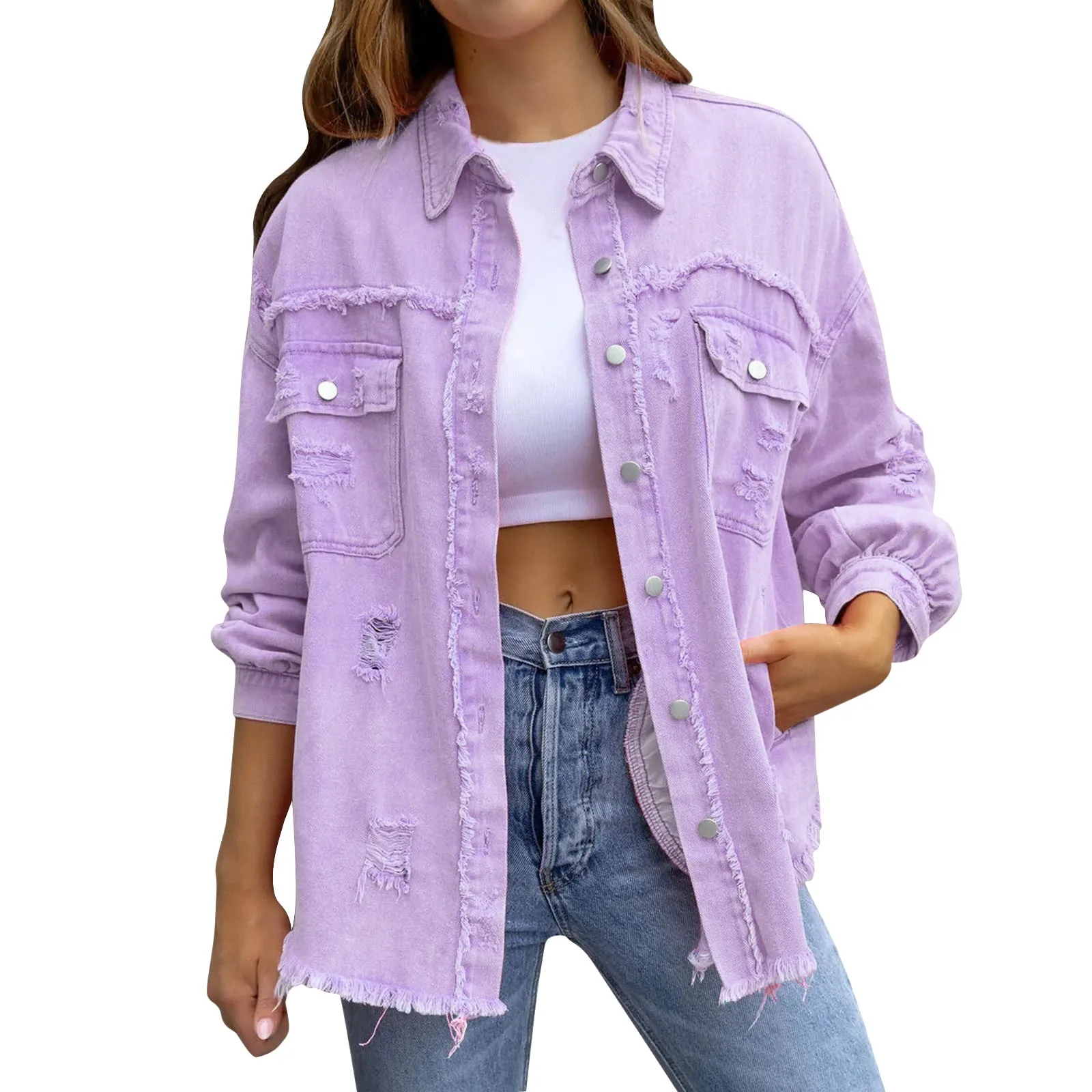 

Women's Trendy Ripped Oversized Denim Jacket Casual Long Boyfriend Denim Jacket for Women Cropped Womens Denim Fitted Jacket