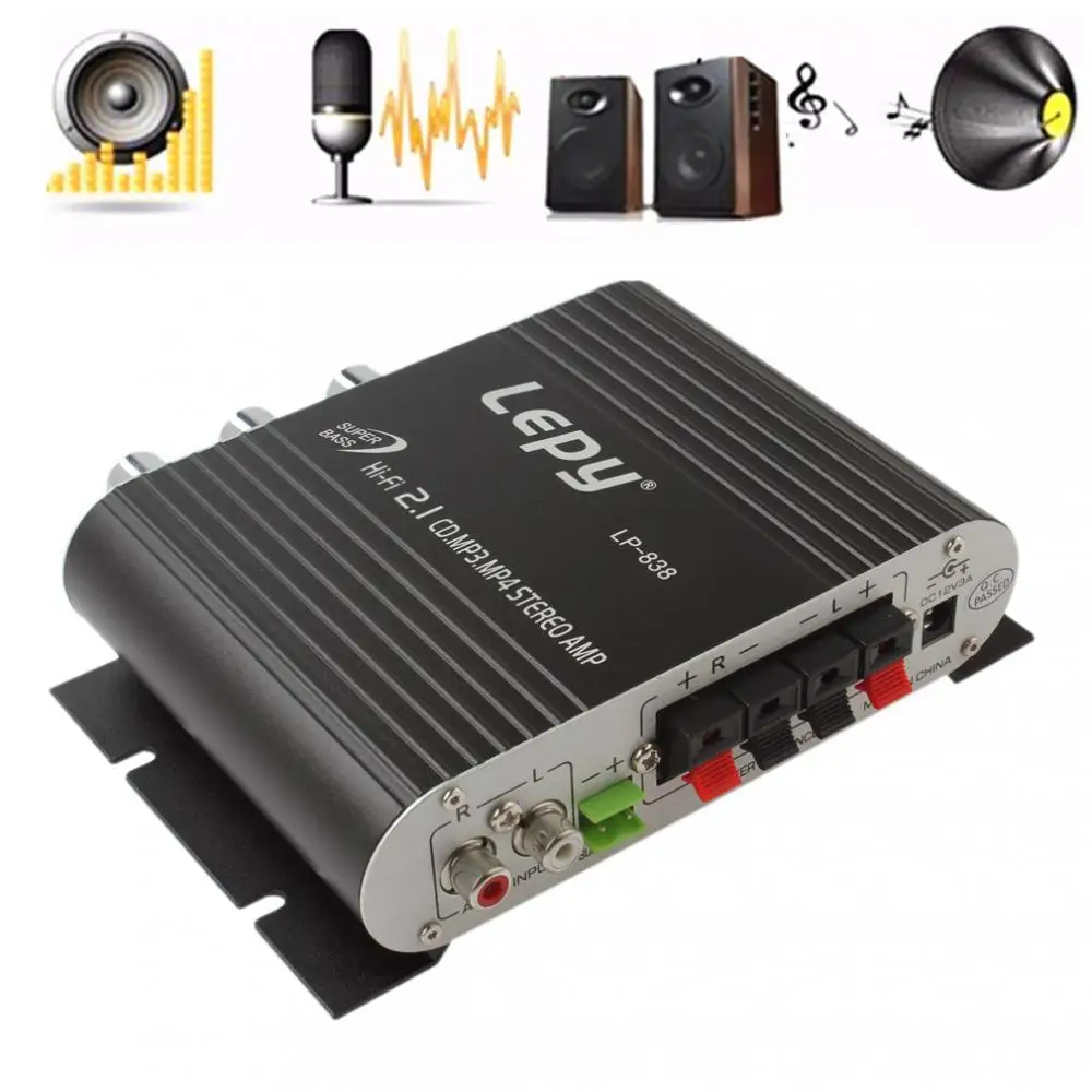 LP-838 Power Car Amplifier Hi-Fi 2.1 MP3 Radio Audio Stereo Bass Speaker Booster Player for Motorbike Home No Power Plug
LP-838 Power Car Amplifier Hi-Fi 2.1 MP3 Radio Audio Stereo Bass Speaker Booster Player for Motorbike Home No Power Plug