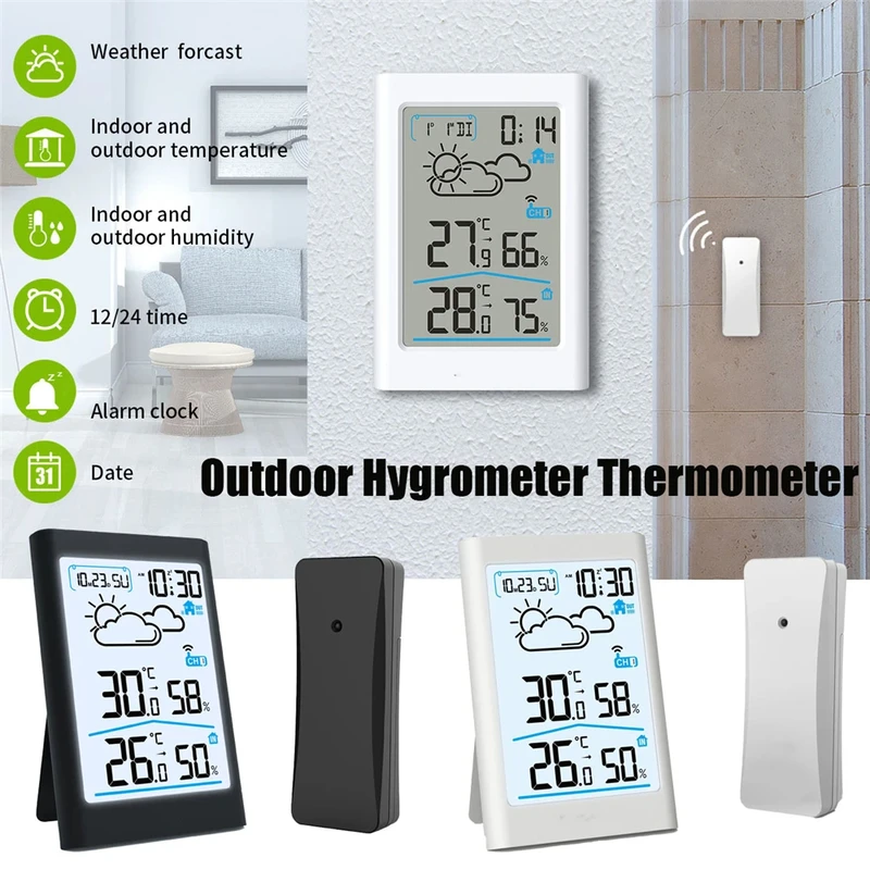 

Digital Weather Station Indoor Outdoor Hygrometer Thermometer Wireless Weather Forecast Sensor Alarm Clock Date Backlight