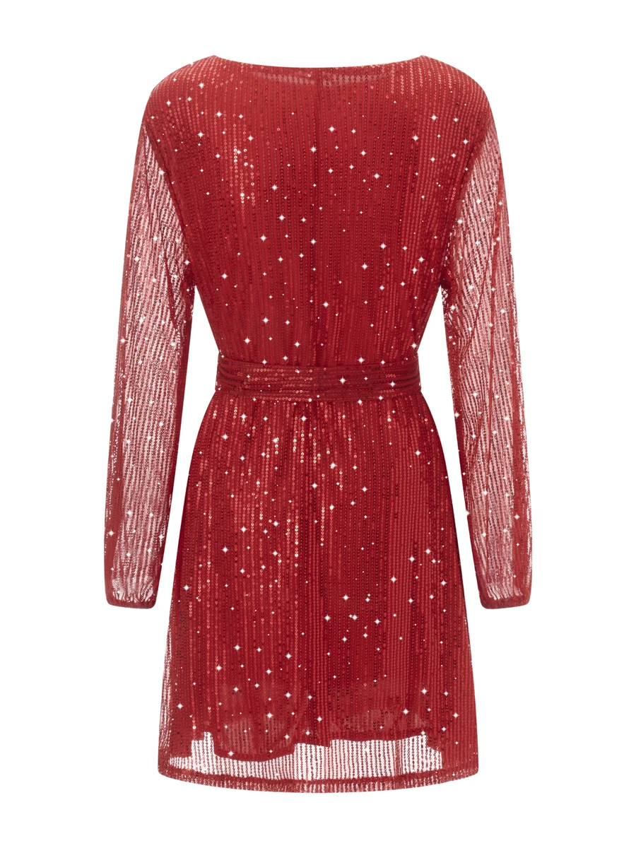 

Women Long Sleeve Sequins Glitter Dress Party Sparkle Loose Fit Shift Mini Short Dress with Belt