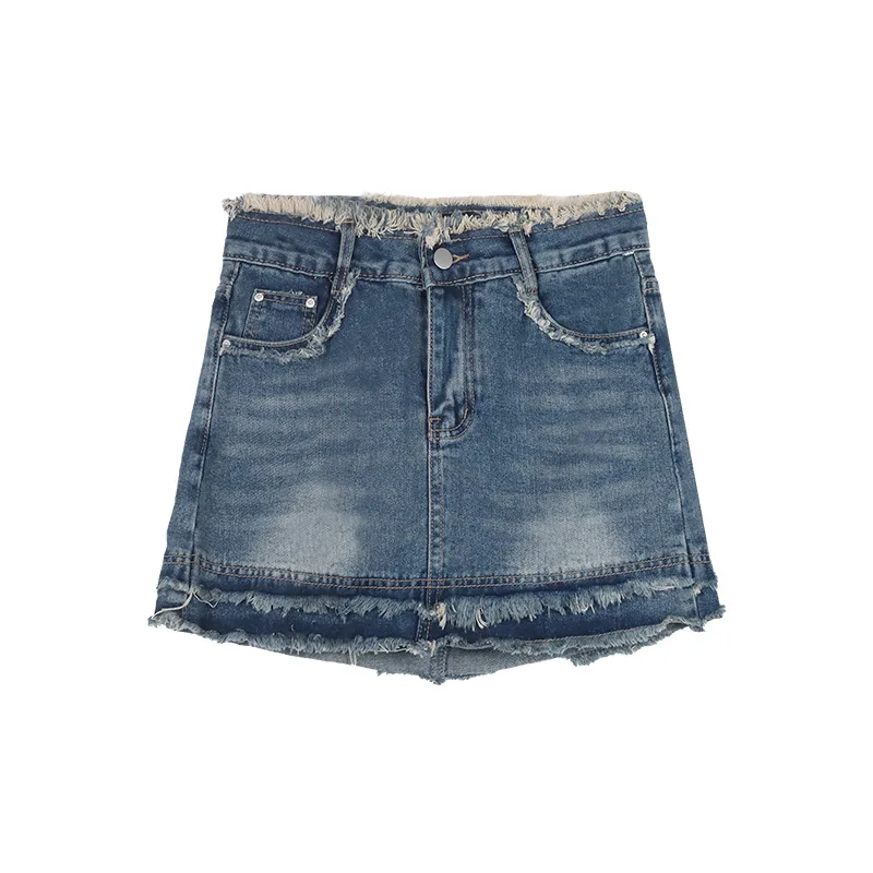 

Casual Short Denim Skirt For Women High Waist Spring Summer A-Line Raw Hem Jean Mini Denim Skirts with Pockets Size S M L XL