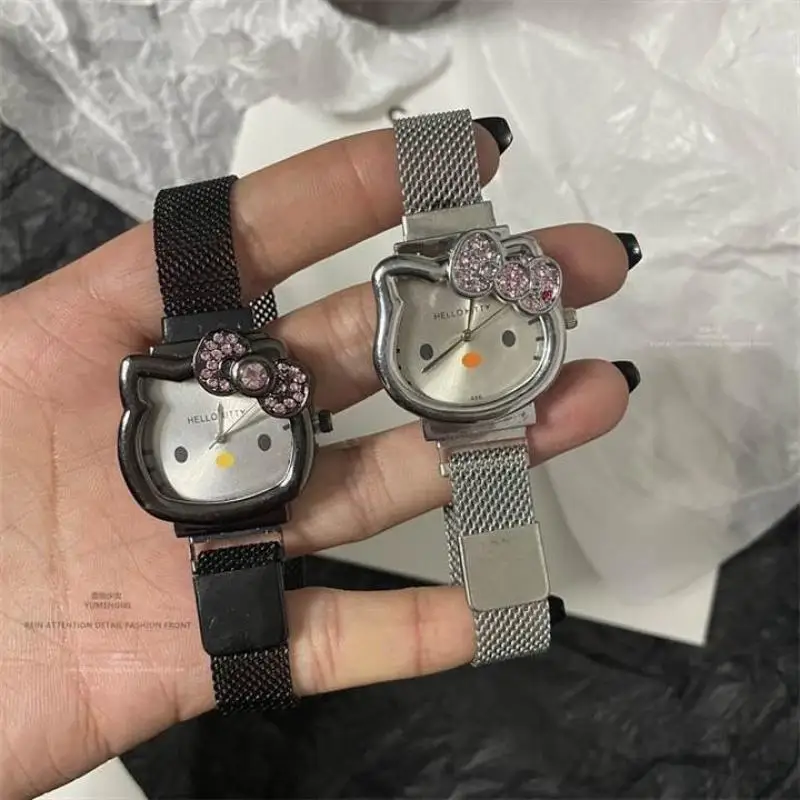 

Kawaii Y2K Hello Kittys Diamond Wrist Watch Student Cartoon Sanrios Kitty Watch Leather Strap Girl Sweet Exquisite Festival Gift