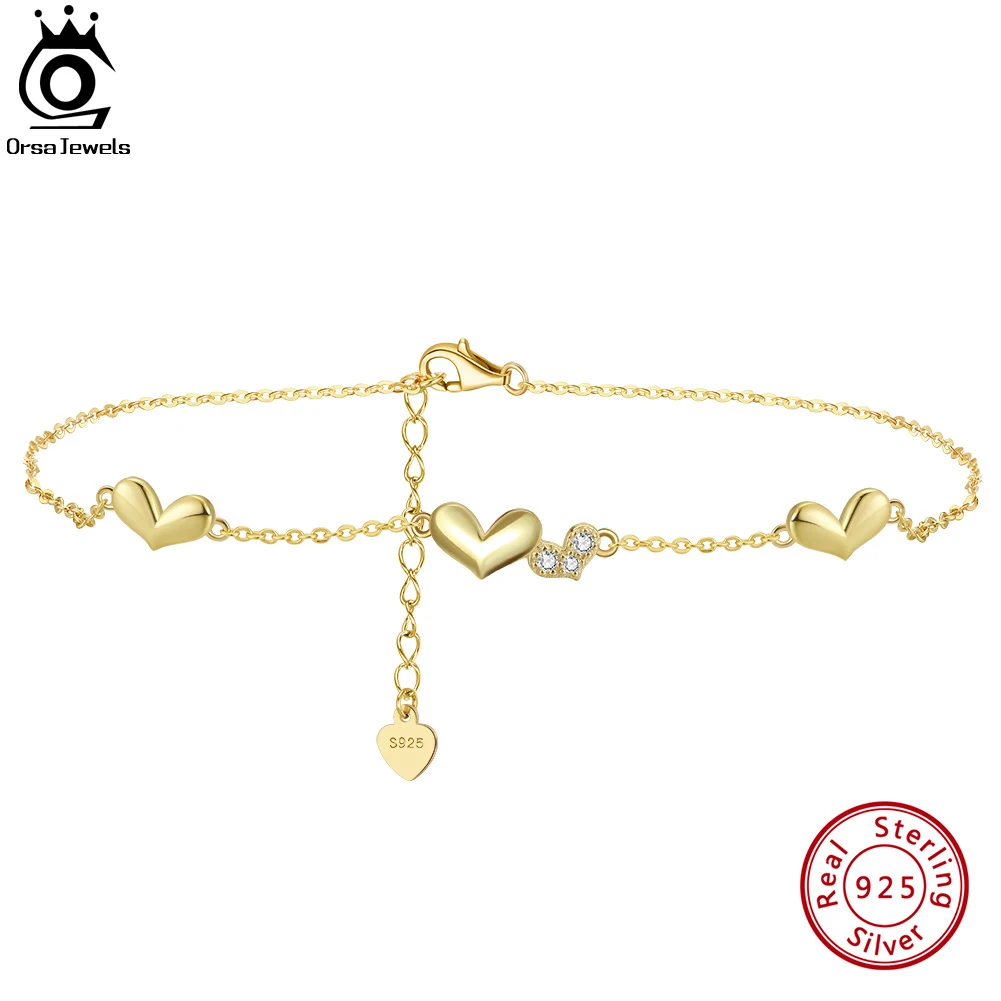 

ORSA JEWELS Love Heart Chain Anklets Fashion Women's Summer 925 Sterling Silver 14K Gold Foot Bracelet Ankle Straps Jewelry SA30