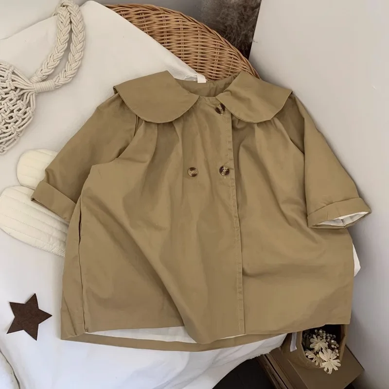 

Korean Spring Autumn Children Girl Trench Coat Cotton Peter Pen Collar Kid Girl Jackets Solid Mid-length Baby Girl Outwear Coats