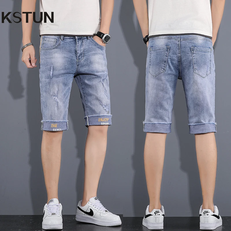 

2024 Men Summer Shorts Jeans Slim Light Blue Stretch Denim Shorts For Men Cuffs Distressed Hip Hop Rip Jeans Knee Length Cowboys