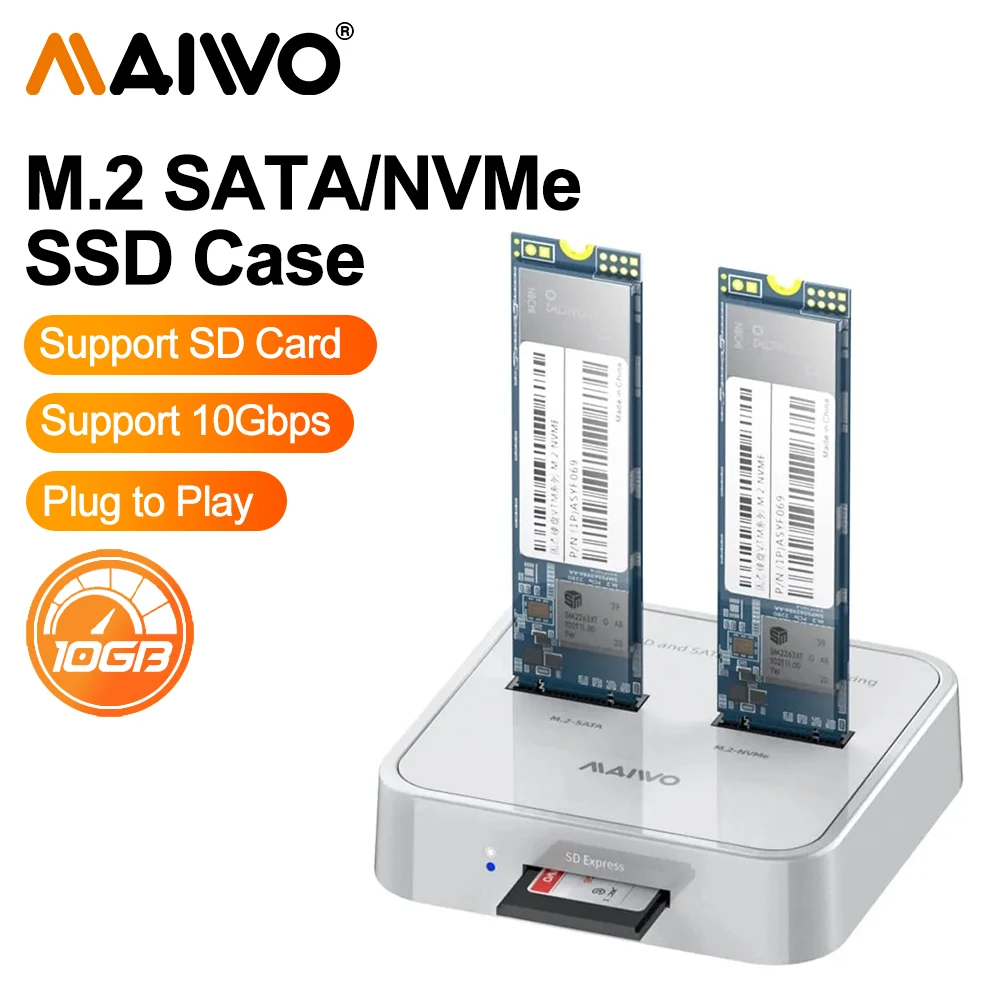 

MAIWO Dual Bay NVMe SATA SD 3 Bay SSD Docking Station Adapter 10Gbps PCIe Portable M.2 SSD Case Enclosure Support SD Card