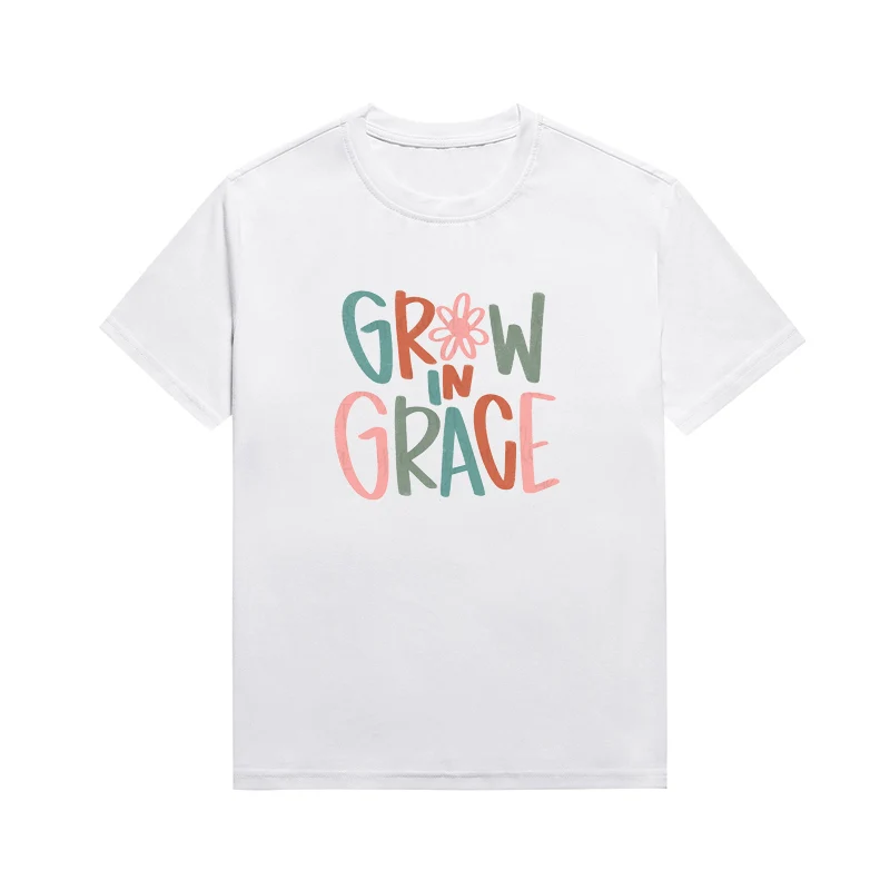 

Grow In Grace Slogan Letter Prints Tee Women Short Sleeve Floral Print Christian T Shirt Cotton Custom Top