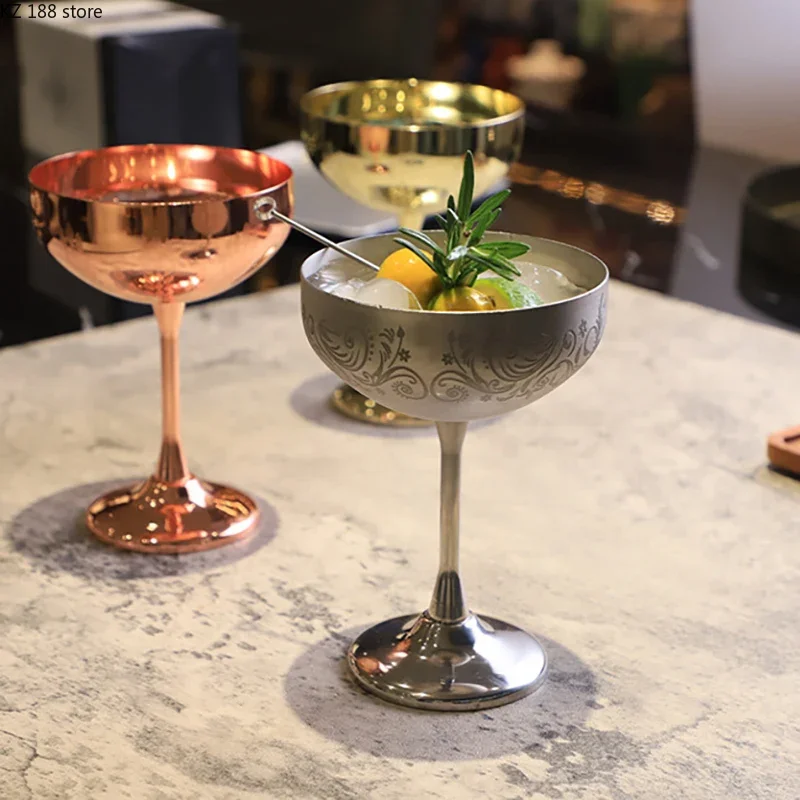 

Stainless Steel Cocktail Wine Glass Luxury Champagne Glasses with Pattern Engraving Creative Metal Martini Cup Goblet for Bar