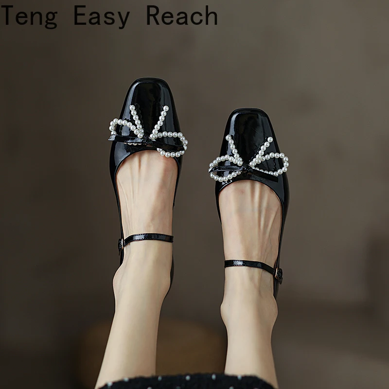 

2022 New Women's Pumps Natural Leather 22-24.5cm Cowhide Upper Mary Jane Square Toe Pearl Bow-knot Buckle Shoes Women Shoes