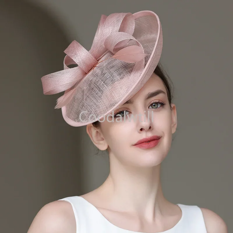

Women Elegant Evening Derby Headpiece Wedding Sinamay Fascinator Hat Feather Fancy Flower Linen Chapeau Cap Hair Accessories