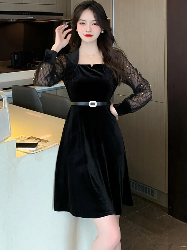 

Женское бархатное платье миди с длинным рукавом, черное винтажное платье в стиле Хепберн с вырезами, элегантное роскошное платье для осени и зимы, 2024