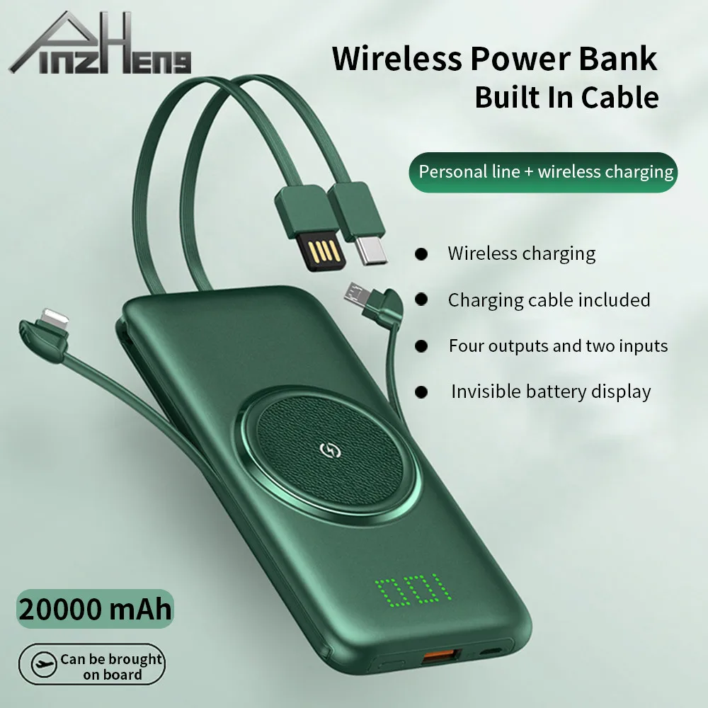 PINZHENG 20000mAh Wireless Charger Power Bank Built-in 4 Cables 10000mAh Powerbank Portable External Battery Charger For iPhone
PINZHENG 20000mAh Wireless Charger Power Bank Built-in 4 Cables 10000mAh Powerbank Portable External Battery Charger For iPhone