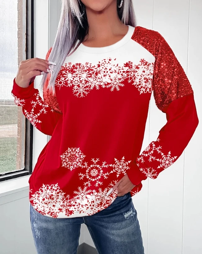 

Christmas Snowflake Print Women Fashion Contrast Sequin Top Temperament Commuting Women's Casual Round Neck Long Sleeve T-Shirt