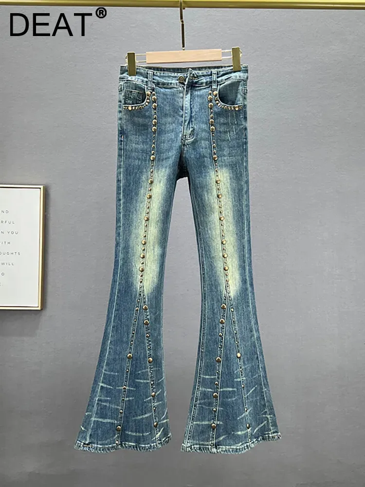 

DEAT Women's Jeans High Waist Slim Spliced Multiple Gold Rivets Washed Long Denim Flare Pants 2023 Autumn New Fashion 29L2382