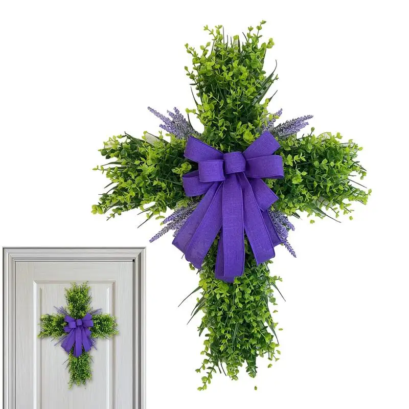 

Easter Wreath Rustic Front Door Hanging Cross Wreath Easter Party Decor Realistic Simulation Lavender Eucalyptus Spring Garland