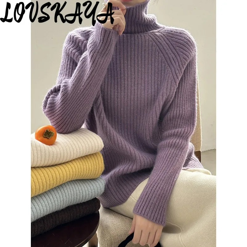 

New Gentle Soft Glutinous Knitwear Top Lazy Wind Bright Silk High Neck Sweater for Women in Winter
