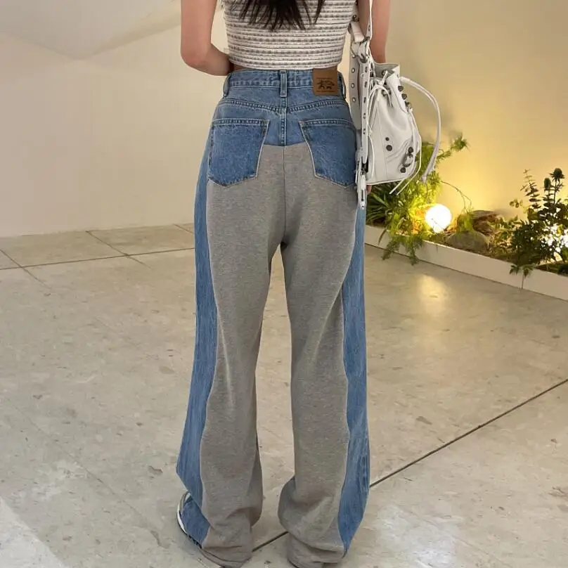 

Женские джинсы в стиле пэчворк, новинка 2024, широкие мешковатые джинсы с высокой талией, винтажные модные рваные джинсовые брюки с дырками, женские брюки w953
